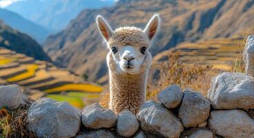 A baby llama is standing in front of a stone wall. The scene is peaceful and serene, with the baby llama looking out at the mountains in the background photo