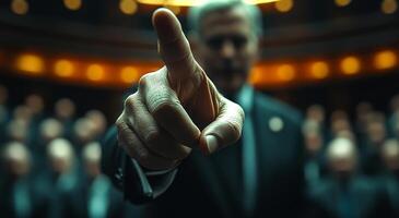 A man in a suit is pointing at something with his finger. Concept of importance and authority, as the man is dressed in a suit and he is directing attention to something photo