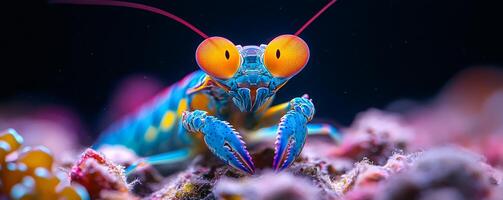 A colorful bug with blue and orange eyes is on a rock. The bug is looking at the camera photo