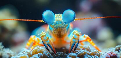 A blue and orange sea creature with large eyes stares at the camera. The image has a calm and peaceful mood, as the creature appears to be content and relaxed in its natural habitat photo