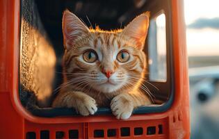 A cat is looking out of a red container. The cat is orange and has a curious expression photo