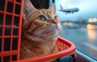 A cat is sitting in a red basket in a car window. The cat is looking out the window at an airplane photo