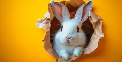 A rabbit is peeking out of a hole in a brown paper bag. The rabbit is looking at the camera with a curious expression. The scene is playful and whimsical photo