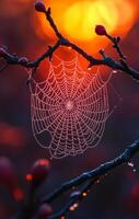 A spider web is hanging from a tree branch. The web is covered in dew and the sun is setting in the background photo