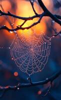 A spider web is shown in the image, with a bright orange and pink sunset in the background. The web is covered in dew, giving it a serene and peaceful atmosphere photo