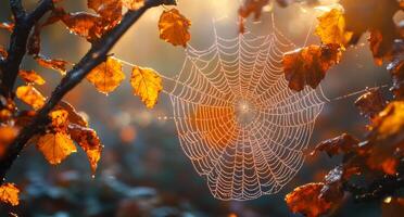A spider web is hanging from a tree branch. The web is covered in dew and the leaves are orange photo