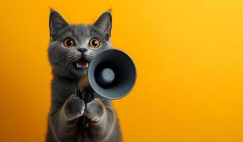 A cat is holding a microphone and making a loud noise. The cat is looking at the camera with a surprised expression. Concept of humor and playfulness, as the cat is pretending to be a microphone photo