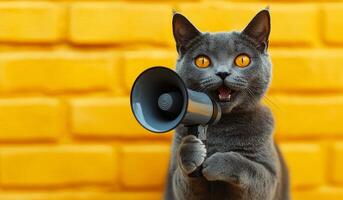 A cat is holding a microphone and making a loud noise. The cat is looking at the camera with a surprised expression. The image has a playful and humorous mood photo