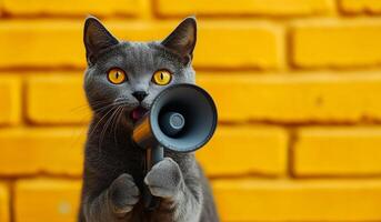 A cat is holding a microphone and making a loud noise. The cat is looking at the camera with a surprised expression. The image has a playful and humorous mood photo