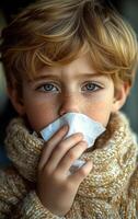 A boy with blue eyes and a red nose is holding a tissue to his face. The boy appears to be sick and is using the tissue to blow his nose photo