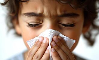 A young boy is blowing his nose with a tissue. The boy appears to be in a state of discomfort, possibly due to a cold or allergies photo