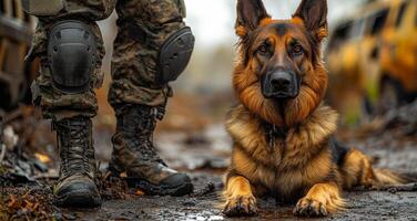 A German Shepherd lays on the ground next to a person in military gear. The dog appears to be dirty and tired, while the person seems to be in a state of readiness. Concept of duty and discipline photo