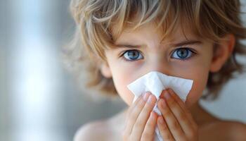 A young boy is holding a tissue to his face, possibly because he has a cold. Concept of discomfort and vulnerability, as the boy is struggling to breathe and is in need of assistance photo