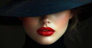 A woman with a black hat and red lipstick is the main focus of the image. The hat is positioned over her face, partially obscuring her features. The lipstick is a bold red shade photo