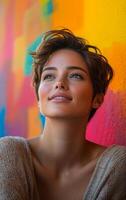 A woman with short hair and a smile on her face. She is looking up at something. The background is colorful and has a mural on it photo