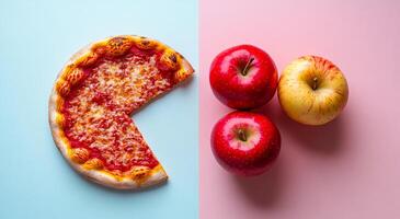 A slice of pizza is cut in half and placed next to three apples. Concept of a healthy snack choice, as the apples are a nutritious option compared to the pizza, which is typically high in calories photo