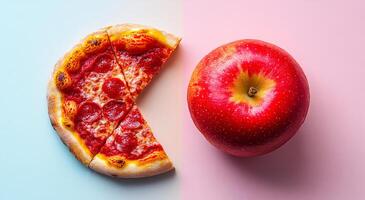 A slice of pizza is cut in half and placed next to a whole apple. Concept of balance and healthy eating, as the pizza represents indulgence and the apple represents a nutritious snack photo