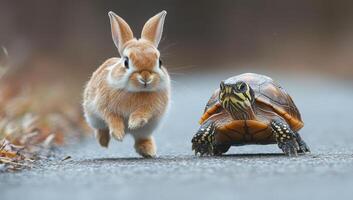 A rabbit and a turtle are running on a road. The rabbit is brown and the turtle is brown and yellow photo