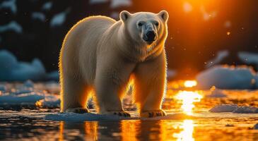 A polar bear standing on a frozen lake in front of the sun. The bear is looking at the camera, and the sun is reflecting on the water. The scene is serene and peaceful photo