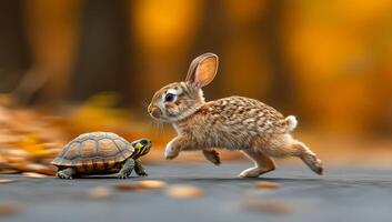 A baby rabbit is running away from a turtle. The scene is playful and lighthearted, with the rabbit and turtle both appearing to be enjoying themselves photo