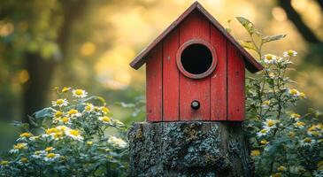 A red birdhouse sits on a log in a field of yellow flowers. The birdhouse is small and has a hole in the front. The flowers surrounding the birdhouse are yellow and spread out in the background photo