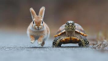 A rabbit and a turtle are running on a road. The rabbit is in the foreground and the turtle is in the background photo