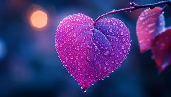 A leaf with raindrops on it is shown in a blue background. The leaf is pink and has a heart shape. Concept of beauty and tranquility, as the raindrops on the leaf create a serene photo