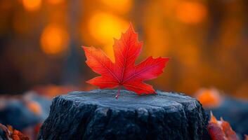 A red leaf is on top of a log. The leaf is surrounded by other leaves on the ground photo