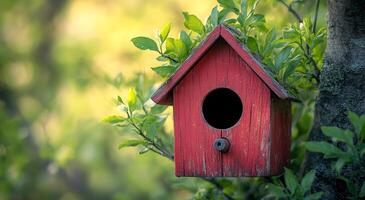 A red birdhouse with a small hole in the front. The birdhouse is sitting on a tree branch photo