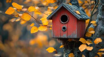 A red birdhouse with a hole in the front sits on a tree branch. The birdhouse is empty, but it is surrounded by leaves that have fallen from the tree. The image has a peaceful and serene mood photo