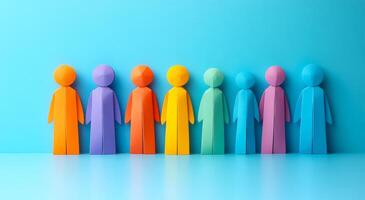 A group of people are standing in a row, each with a different color. Concept of unity and diversity, as the people are all different but still standing together. The blue background adds a calming photo