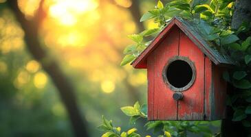 A red birdhouse with a window sits on a tree branch. The birdhouse is surrounded by green leaves and branches, creating a peaceful and natural atmosphere photo