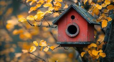 A red birdhouse is perched on a tree branch. The birdhouse is empty and the leaves on the tree are yellow photo