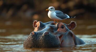 A bird is perched on the head of a hippopotamus. The scene is peaceful and serene, with the bird and hippo coexisting in the same body of water photo