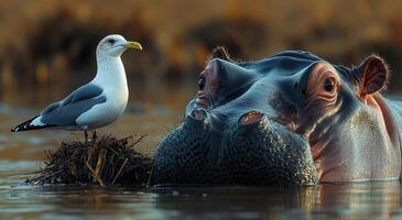 A bird is perched on a nest next to a hippo. The bird is looking at the hippo, which is submerged in the water. The scene is peaceful and serene, with the bird photo