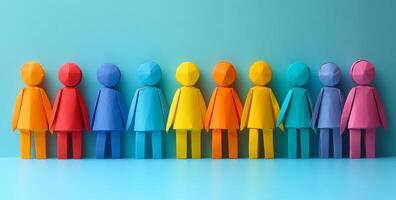 A group of colorful paper people standing in a row. The people are of different colors and sizes. Concept of unity and diversity, as the people are all different but standing together photo