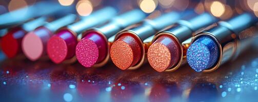 A row of colorful lipsticks with glitter on the top. The lipsticks are arranged in a row, with the pink one on the left and the blue one on the right photo
