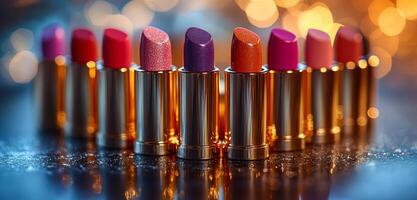 A row of colorful lipsticks are displayed on a table. The lipsticks are arranged in a circle, with some of them being pink and others being purple. Scene is bright and cheerful photo