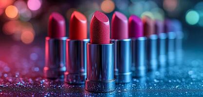 A row of lipsticks with one red one purple and one blue. The lipsticks are lined up on a table photo
