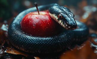 A black snake is wrapped around a red apple. The snake is long and black, while the apple is small and shiny. The scene is set in a forest, with leaves and branches scattered around the snake photo