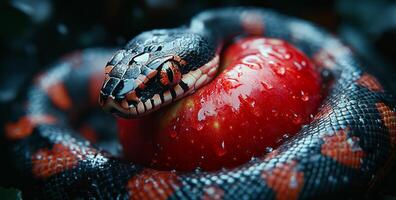 A snake is laying on top of a red apple. The snake is black and red with a yellow stripe down its back. The apple is wet and has a few drops of water on it. The scene is calm and peaceful photo