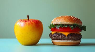 A hamburger and an apple are on a table. The hamburger is on the right and the apple is on the left photo