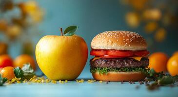 A hamburger and an apple are on a table. The hamburger is on the right and the apple is on the left photo
