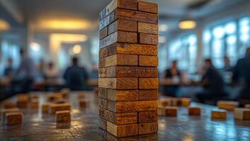 A stack of wooden blocks with one block on top. The blocks are arranged in a pyramid shape photo