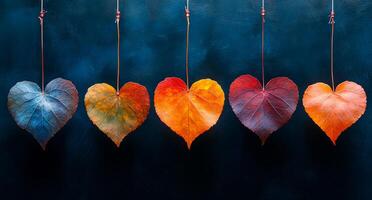 A series of leaves hanging from a string, each one with a different color and shape, forming a heart photo