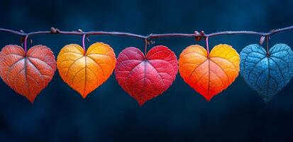 A row of five leaves with hearts on them. The leaves are of different colors and sizes. Concept of warmth and love, as the hearts on the leaves represent affection and care photo