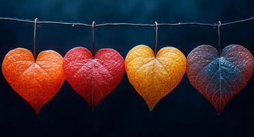A row of leaves hanging from a wire, each one shaped like a heart. The leaves are of different colors, including red, yellow, and orange. Concept of warmth and beauty photo