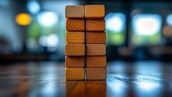 A stack of wooden blocks with a single block on top. The blocks are arranged in a pyramid shape photo