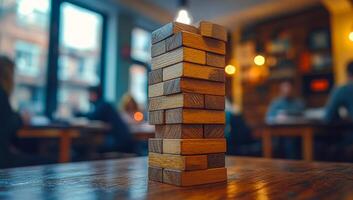 A stack of wooden blocks on a table in a restaurant. The blocks are arranged in a pyramid shape, and the table is surrounded by chairs. The scene is casual and relaxed, with people sitting photo