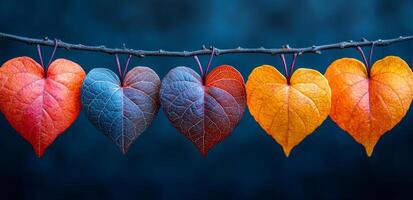 A series of leaves hanging from a wire, each one shaped like a heart. The leaves are of different colors, including red, blue, and yellow. Concept of warmth and beauty photo